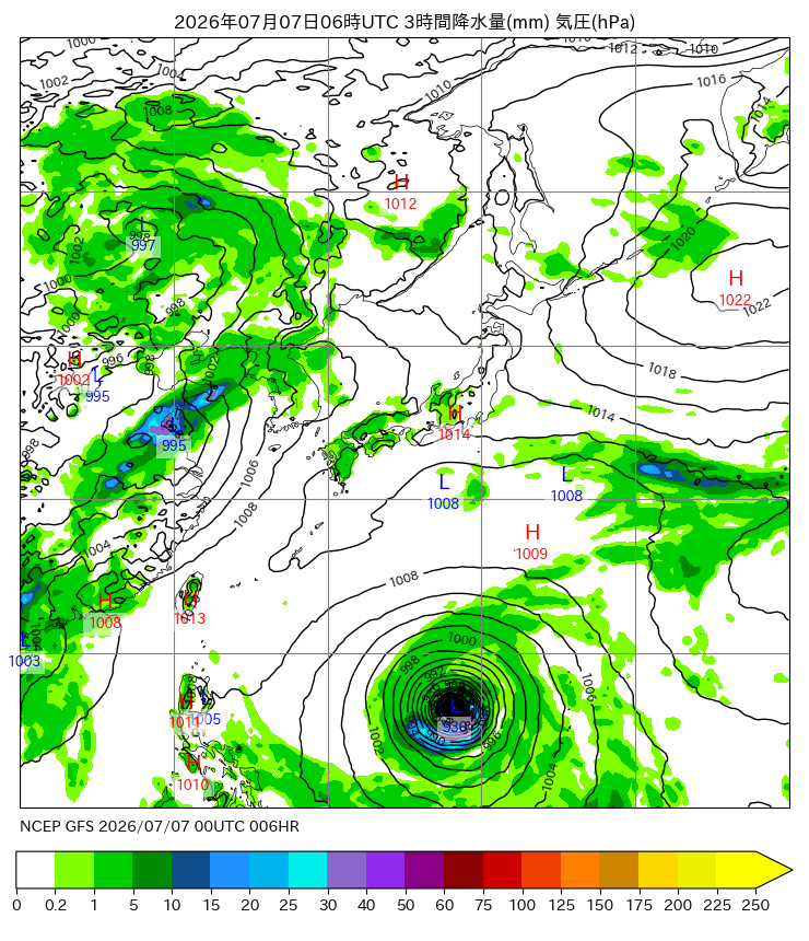 NOAAのGFSによる数値予報天気図 10日間3時間毎